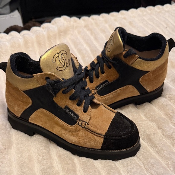 CHANEL Shoes - Vtg Chanel 90s Beige Suede CC Logo Combat Boots